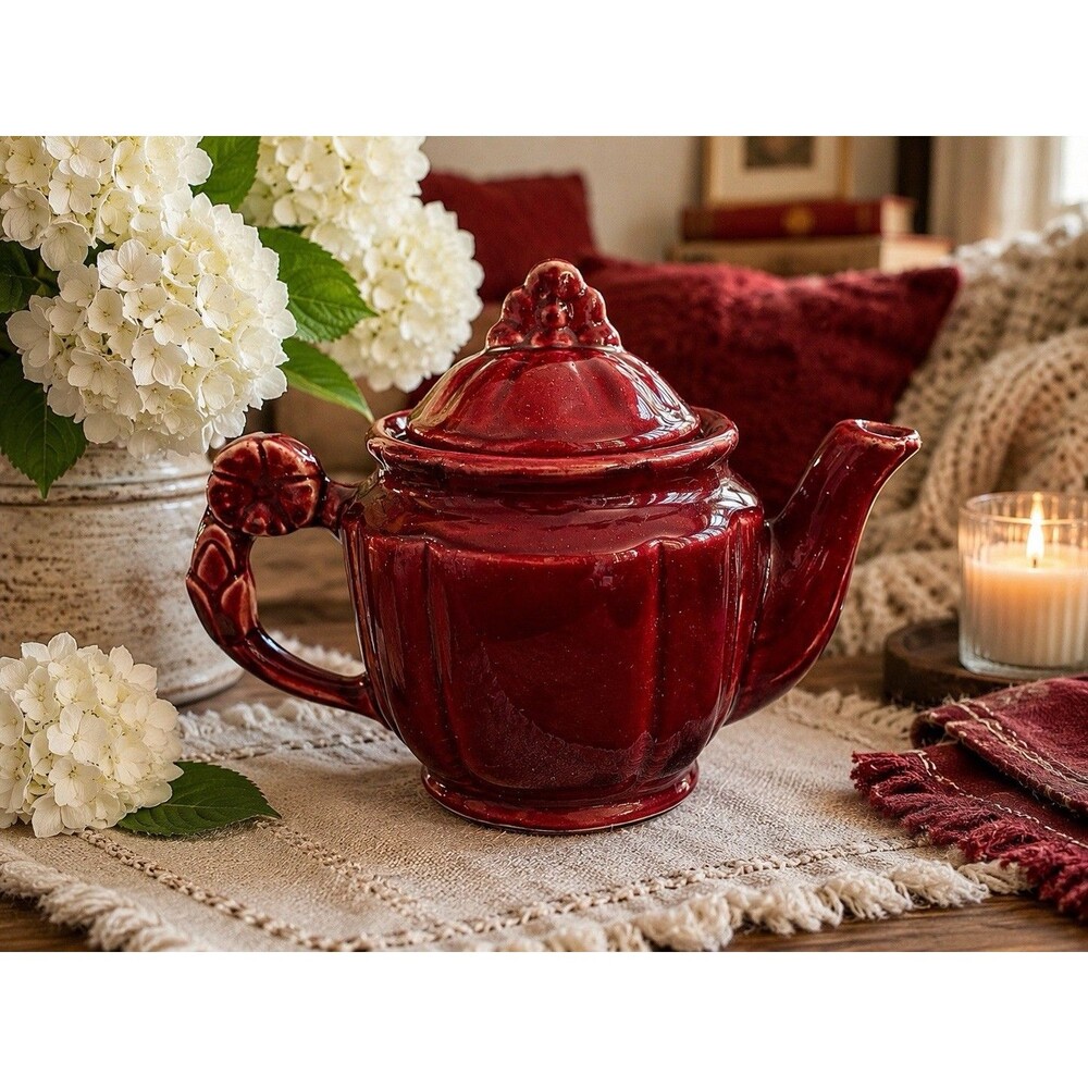 Vintage Shawnee Pottery Rosette Teapot Burgundy Red USA 1940s–1950s Mid Century